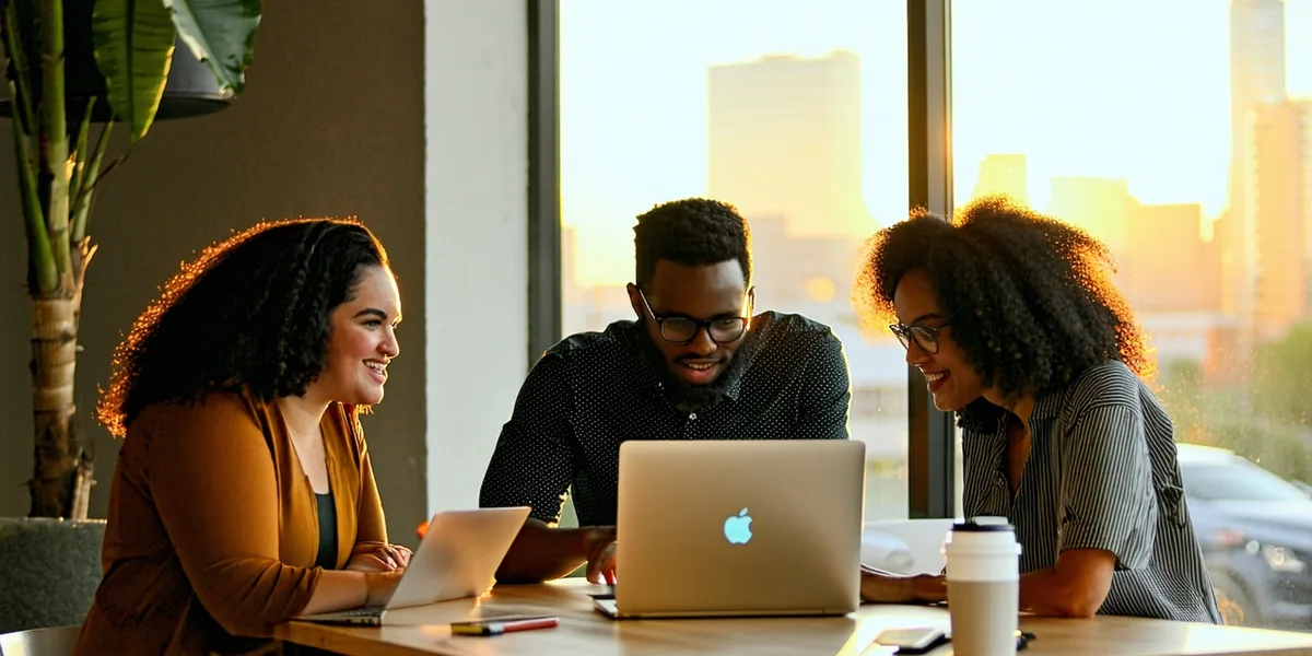 Small founding team at work in a modern Phoenix office, discussing resource allocation strategy