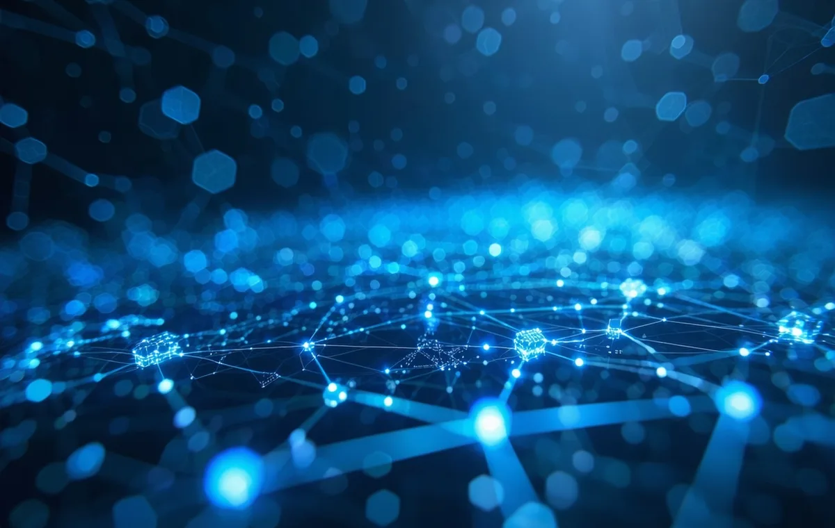 Abstract 3D network graph showing consultant nodes connected to engagement nodes by luminous teal paths, representing AI-powered matching
